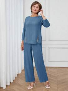 Miaspire Bộ 2 món/Bộ đồ nữ cổ tròn vải họa tiết rộng rãi và quần ống rộng, Xuân/Hè - Màu xanh lam - Xem 4