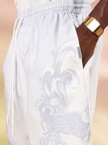 SUMWON Luxury Resort Baroque Print Short Sleeve Button Down Shirt Shorts Set Summer Holiday Beach Party Two Piece Outfit Casual Wear - Blue - View 7