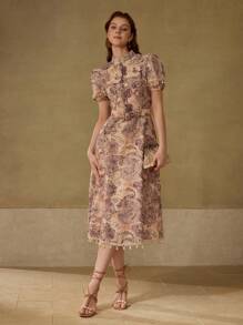 MOTF PREMIUM VESTIDO CON ESTAMPADO COMPLETO Y CINTURÓN - Café - Ver 3