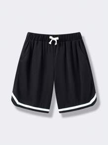 SHEIN Leap Crew 青少年男孩休闲街头时尚舒适网眼装饰纯色篮球短裤，适合通勤、上学、日常休闲、旅行、运动、春夏季