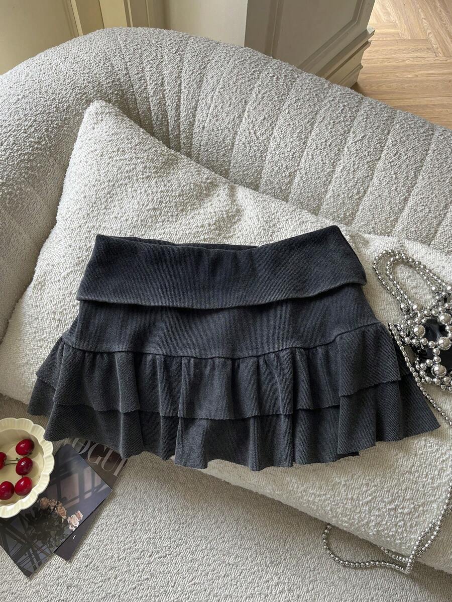 Comfortcana Women's Washed Distressed Knitted Double Ruffled Cake Skirt Suitable For Music Festivals, Daily Wear And Vacation - Black - View 1
