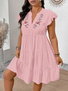 SHEIN Clasi Plus Size V-Neck Floral Embroidered Ruffle Hem Babydoll Swing Dress - Pink - View 4