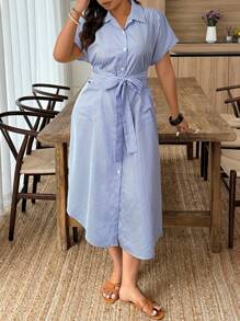 Weeklong 大码女式条纹短袖单排扣系腰衬衫裙