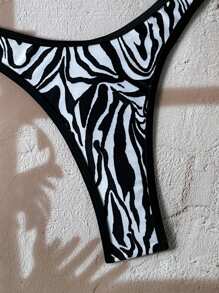 Swim Vcay 2 件春假动物印花拼接金色配饰上衣和高开叉性感比基尼泳裤套装 - 黑與白 - 查看 4