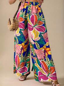 Travachic Quần ống rộng lưng thun in họa tiết cây nhiệt đới cỡ lớn cho nữ - Xanh đậm - Xem 1