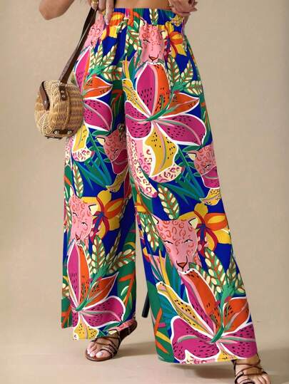 Travachic Pantalones anchos y sueltos con estampado de plantas tropicales y cintura elástica para mujer de talla grande