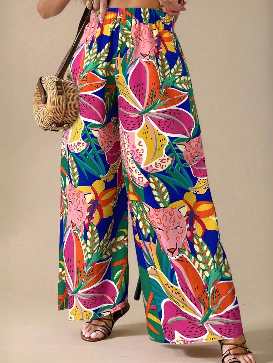 Travachic Quần ống rộng lưng thun in họa tiết cây nhiệt đới cỡ lớn cho nữ - Xanh đậm - Xem 1