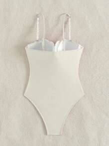 Swim Mod 1pc Women Solid Color Shell Cup Detailed One-Piece Swimsuit, Suitable For Summer, Beach, Vacation