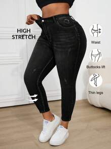 SHEIN ICON Quần Jeans Denim Xanh Cỡ Lớn, Quần Co Giãn Ôm Sát Thường Ngày - màu đen - Xem 1