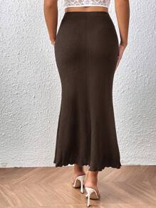 SHEIN PETITE CURVE 大码女式纯色鱼尾下摆长裙，优雅 - 巧克力棕 - 查看 3