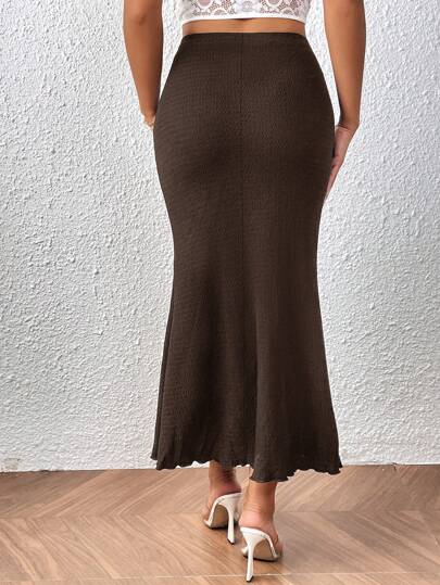 SHEIN PETITE CURVE Plus Size Women Solid Color Fishtail Hem Maxi Skirt, Elegant