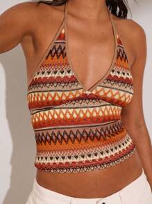 SHEIN BAE 1 Pieza de Verano y Primavera Camiseta de Tirantes con Cuello en V Sencillo a Rayas de Ganchillo Adecuada para Vacaciones de Primavera Verano, Elegante Sexy Playa Resort Isla Vacaciones, Mujer Luna de Miel, Fiesta de Piscina Vacaciones