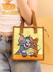 TOM & JERRY X SHEIN 1pc Cute Cartoon Cat And Mouse Pattern Printed Insulated Lunch Bag, Keeps Food Warm Or Cold, Picnic Bag, Large Capacity, Can Hold Lunch Boxes And Drinks, Suitable For Picnics, Camping, Travel, Home Use, Suitable For Families, And Students