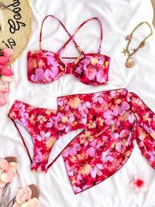 SHEIN Teen Girls Tropical Watercolor Tie Dye Floral Print Cutout Front Design Cropped Cute Spaghetti Strap Camisole Top, Ideal For Valentine's Day, Graduation, Wedding, Summer Beach, Vacation, Swimwear Set/Beach Outfit - Multicolor - View 1