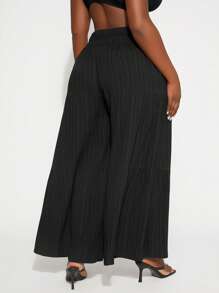 SHEIN SXY Pantalones anchos de pierna ancha de primavera y verano elegantes y sexy para mujer de talla grande, de unicolor, con cintura elástica multicapa dividida y cinturón incorporado, adecuado para uso diario - Negro - Ver 6