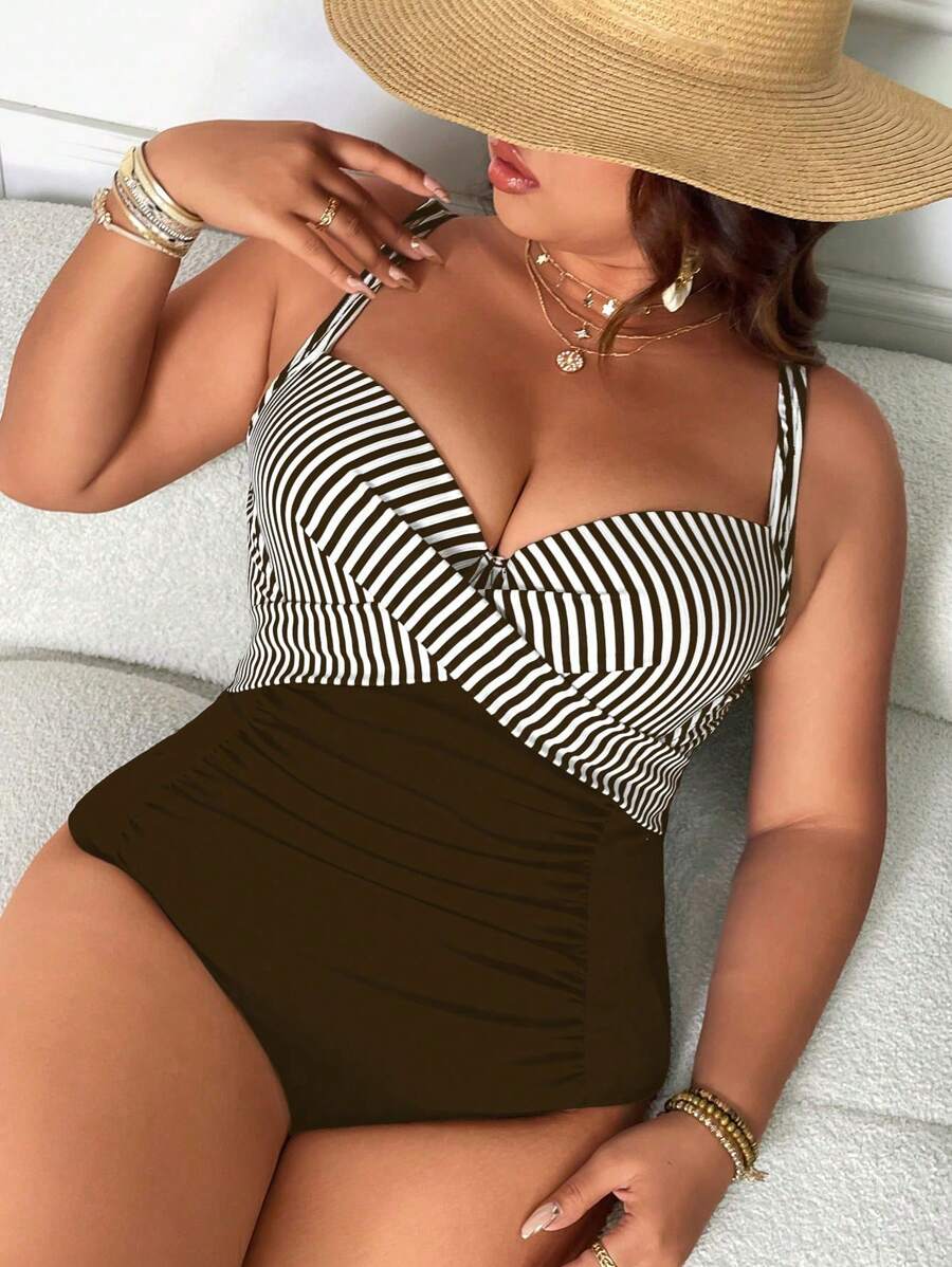 Swim Lushoire Plus Size Women 1pc Ribbed Underwire Padded Crossover Gathers Gather Waist Regular Leg Opening One-Piece Swimsuit, Simple Design For Summer Beach Vacation - Multicolor - View 1