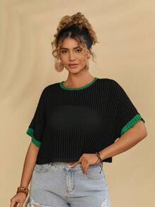 Travachic Plus Size Women's Casual Summer Beach Wear Colorblock Green Trim Basic Knit Cropped Top T-Shirt - Black - View 6
