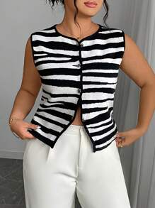 Plus Size Women's Round Neck Single Breasted Casual Versatile Knitted Vest - Multicolor - View 10