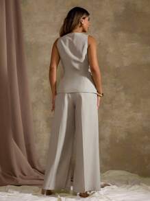 Roveilla Plus Size Summer Elegant Solid Color Vest & Wide Leg Pants 2 Pieces Set - Khaki - View 3