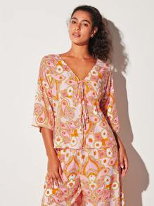 LUVLETTE Soft Rayon Pink Romantic Paisley Vacation Patterned Short-Sleeve Basic Bow Tie Rope Top & Pants Loungewear Airy Pajama Set Pants With Pockets Bridal Intimates - Dusty Pink - View 8