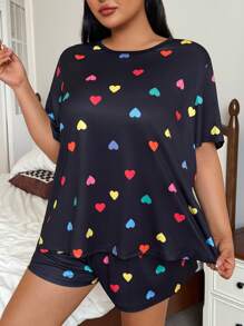 SHEIN Colorful Heart Print Crew Neck Short Sleeve& Shorts Plus Size Pajamas Set - Black - View 1