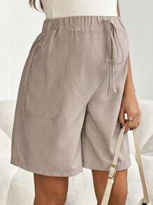 SHEIN Quần short thời trang thường ngày thắt nút màu trơn cho bà bầu - Màu Khaki - Xem 4