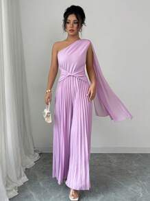 Elenzga Elegant Asymmetrical Neck Flounce Cinched Waist Wide Leg Romper For Women - Purple - View 1