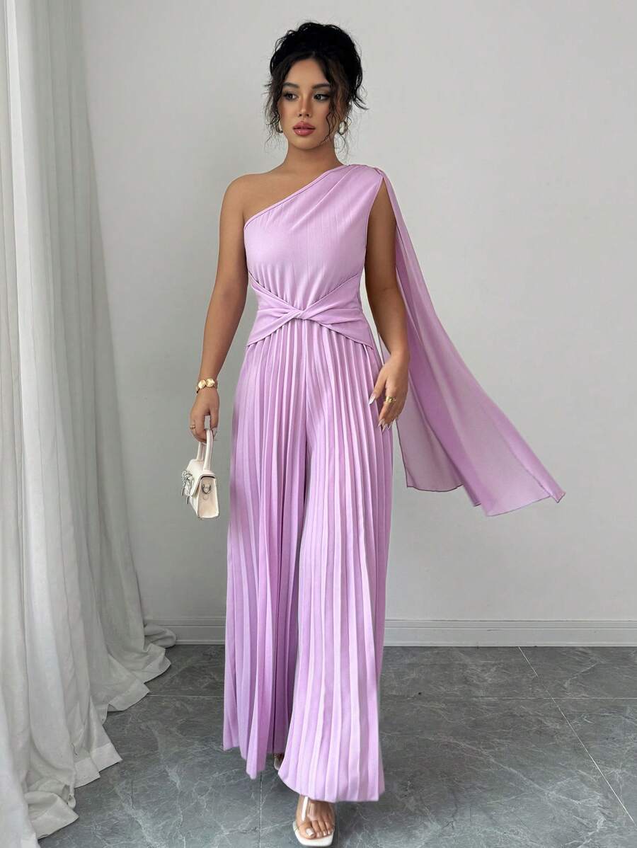 Elenzga Elegant Asymmetrical Neck Flounce Cinched Waist Wide Leg Romper For Women - Purple - View 1