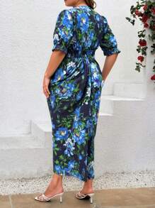 SHEIN Clasi Plus Size Boat Neck Ruched Floral Print Midi Holiday Dress ...