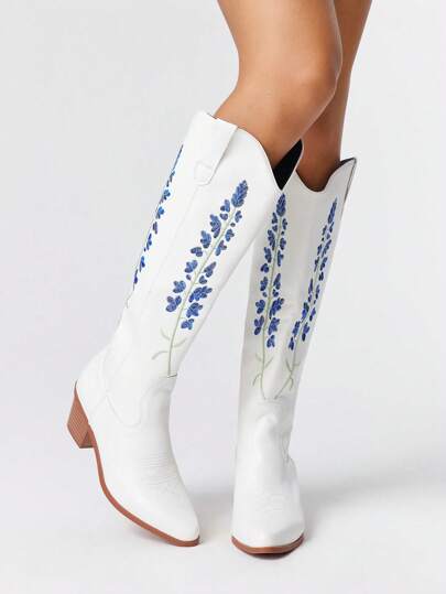 Fairycore Women's Hollow Out Floral Embroidery White Western Boots, Leather Upper Mid-Calf Boots, Spring & Autumn New Style