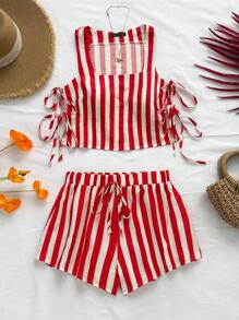 Soleia 女士度假风绿白条纹侧蝴蝶结吊带背心和宽松休闲短裤，夏季海滩婚礼西方音乐节波西米亚风两件套 - 紅白色 - 查看 7