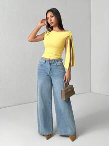 SHEIN PETITE Solid Color Asymmetrical Shoulder Tie Up Blouse, Yellow Top Fashionable Summer Item