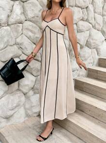 Siren Gaze 夏季新款女士撞色条纹A字吊带连衣裙 - 杏色 - 查看 7