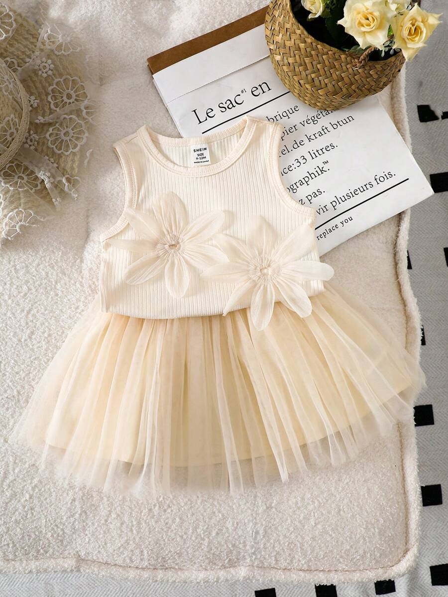 SHEIN 2件套女婴春夏优雅风格花朵装饰无袖上衣和西短裙 - 杏色 - 查看 1