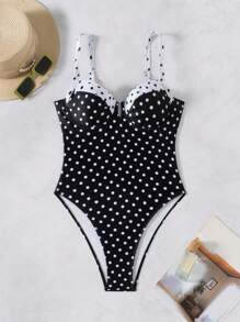 Swim Chiccia Women's Summer Beach Vacation Wide Strap Black White Polka Dot Print Steel Boned Backless Patchwork One-Piece Swimsuit - Black - View 3