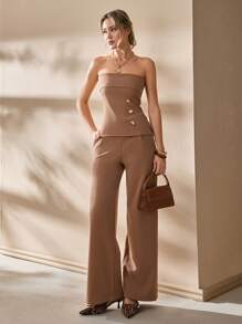 CLARA VERO Women's Solid Gold Button Detailed Suit Set - Mocha Brown - View 6