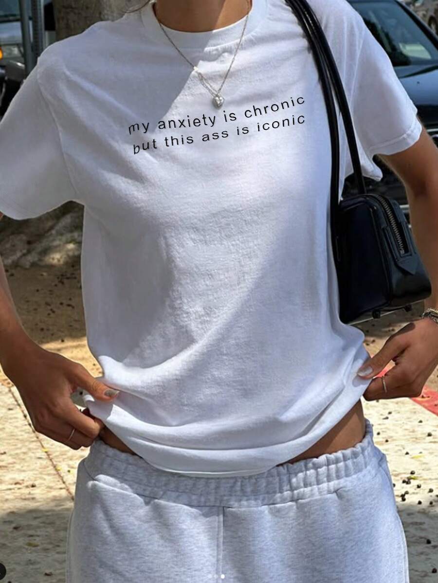 SHEIN 女式休闲常规白色圆领短袖字母印花 T 恤，夏季 - 彩色 - 查看 1