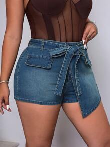 SHEIN ICON Plus Size Women Retro Washed Blue Denim Skirt Jeans - Medium Wash - View 6