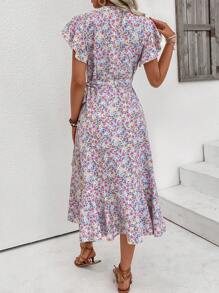 Breezaya 女式花卉印花裹身式中长连衣裙 - 藍色 - 查看 2