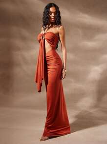 Hauture Rochie elegantă de vară pentru femei, cu pliseuri goale, în culoarea unui singur material - Maro - Vizualizare 5