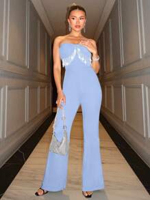 Glamine Women's Rhinestone Patchwork Ruffle Halter Jumpsuit, Elegant Design - Mint Blue - View 4