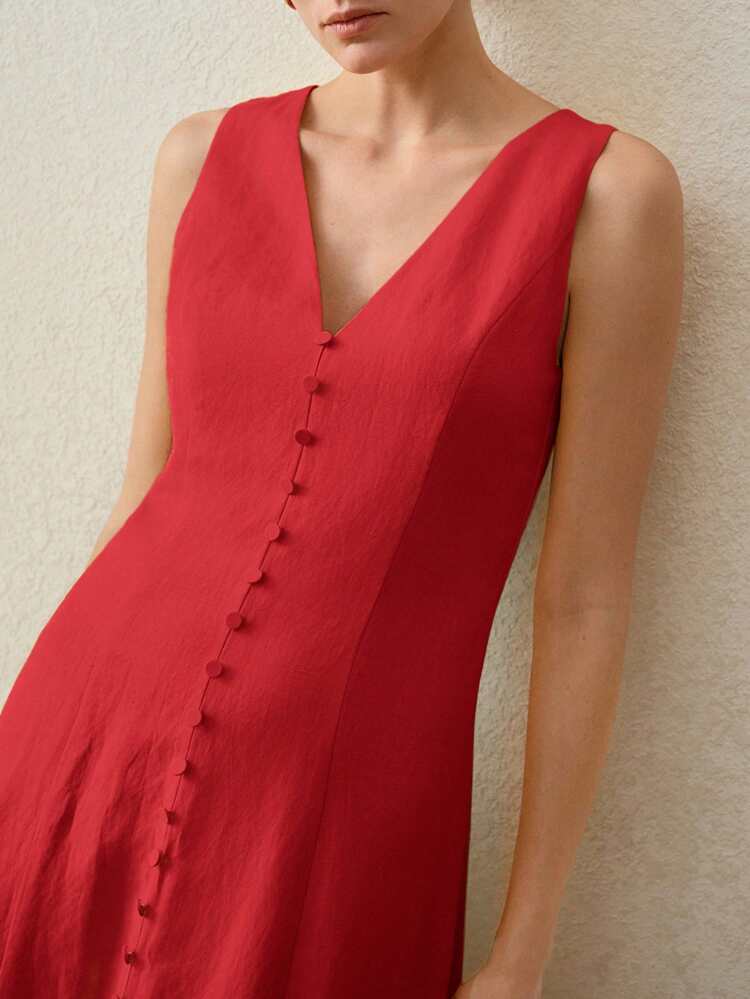 LINEN V-NECK A-LINE SPLIT THIGH DRESS