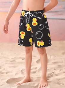 Cute Cartoon Duck Pattern Young Boy's Simple Fashion Swimming Trunks, Suitable For Summer - Black - View 3