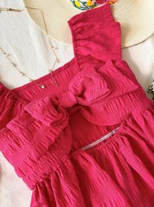 Blusa estilo casual y colegial con rayas y mangas con volantes para niña preadolescente, camisa de manga corta con lazo para la escuela, vacaciones, primavera/verano - Rosa Fucsia - Ver 4