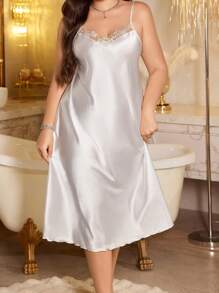 LuxeNights Plus Size Elegant Solid Lace Patchwork Long Nightgown Slip Sleep Dress & Robe, Fall Winter Clothes - White - View 4