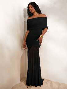 Opulessa Vestido maxi ajustado y de sirena con hombros descubiertos, tejido de punto y malla de un solo color para mujeres - Negro - Ver 3