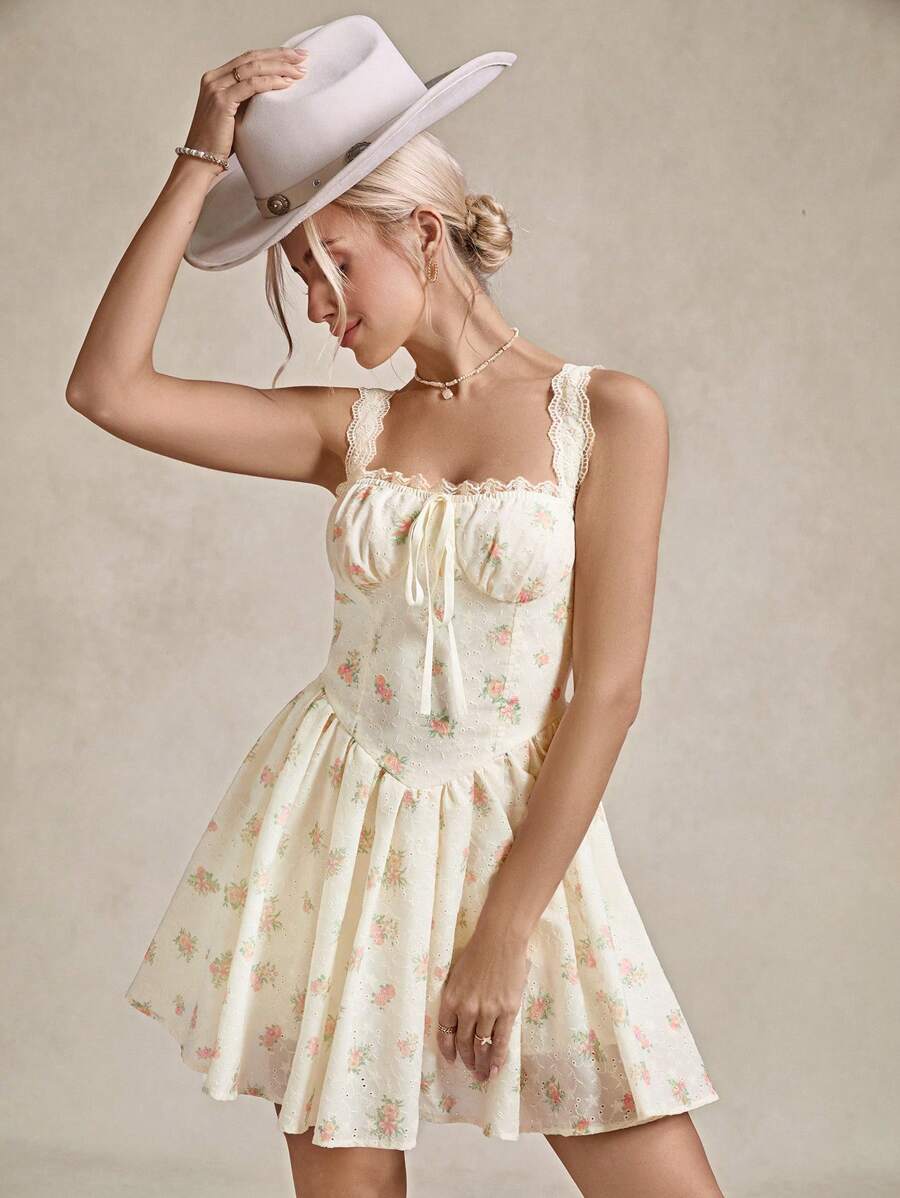 SHEIN LUNE Graduation Dress Drop Waist Dress Birthday Dresses For Women Country Music Festival 60s Retro Bubble Skirt Lace Trim White Mini Dress