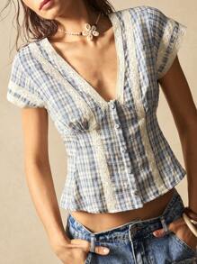 Bohemela Casual Solid Color V-Neck Short Sleeve Fitted Women's Blouse - Blue - View 3