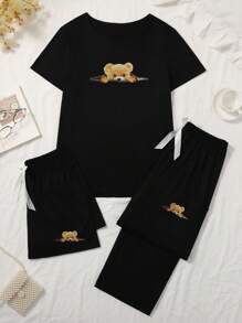 SHEIN 3 件套女士四季卡通印花针织短袖上衣和短裤/长裤睡衣套装 - 黑色 - 查看 1