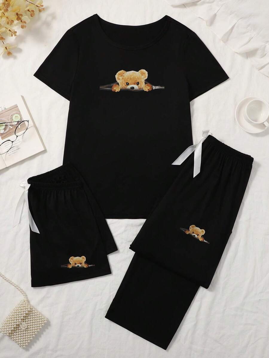 SHEIN 3 件套女士四季卡通印花针织短袖上衣和短裤/长裤睡衣套装 - 黑色 - 查看 1